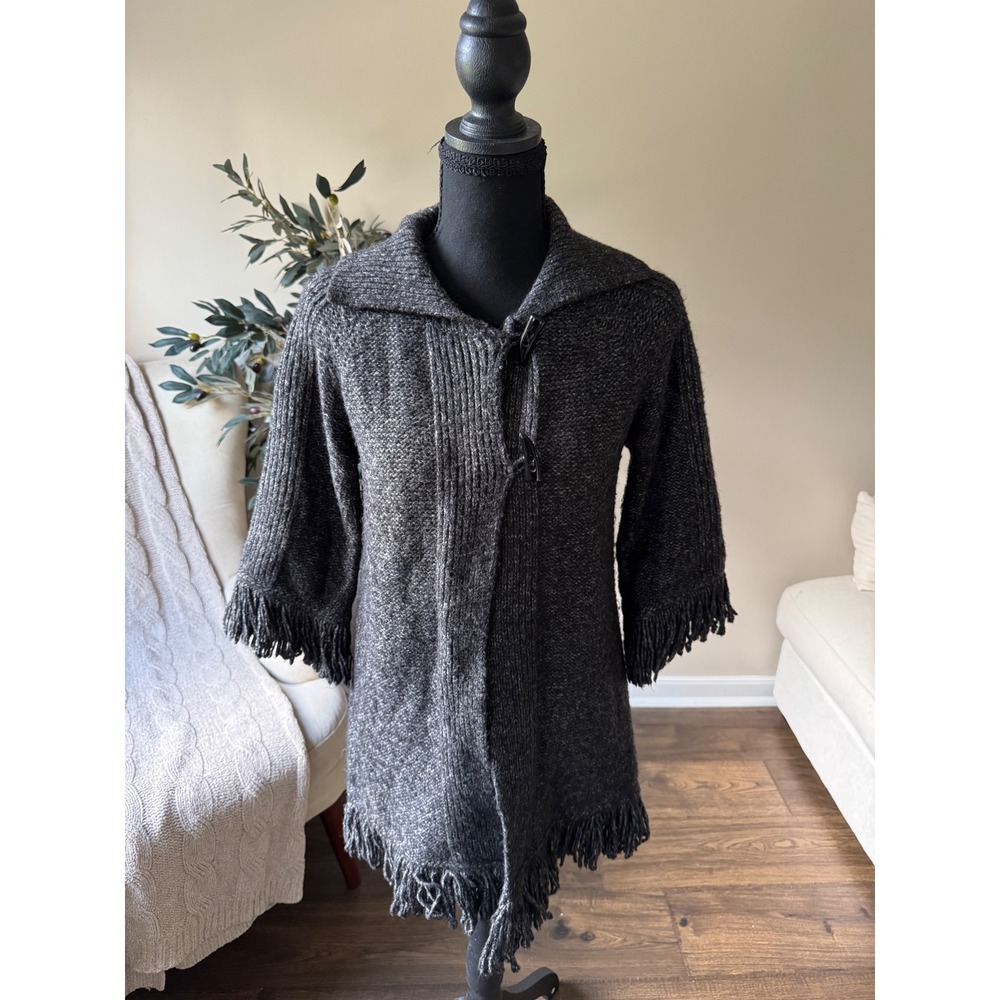 Marisa Christina Gray Wool Blend Toggle Fringe Cardigan Sweater Shawl Collar S